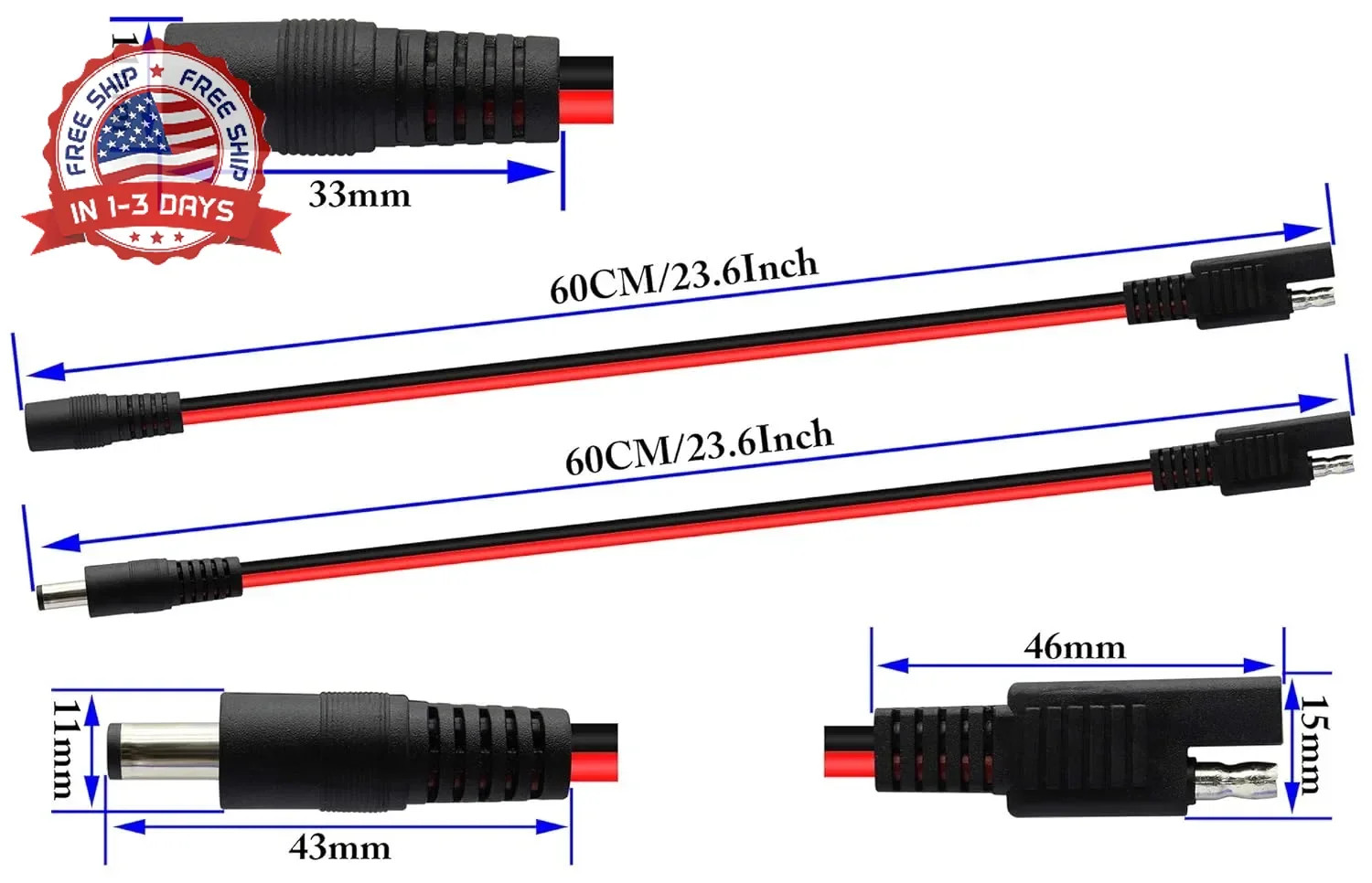 SAE Plug to DC 5.5 x 2.1mm (Female and Male) Adapter Cable with SAE Polarity Rev