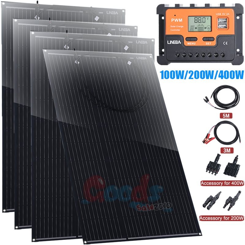 400W 200W Solar Panel Mono 18BB Cell Power Charger Home Boat Off-Grid Battery RV