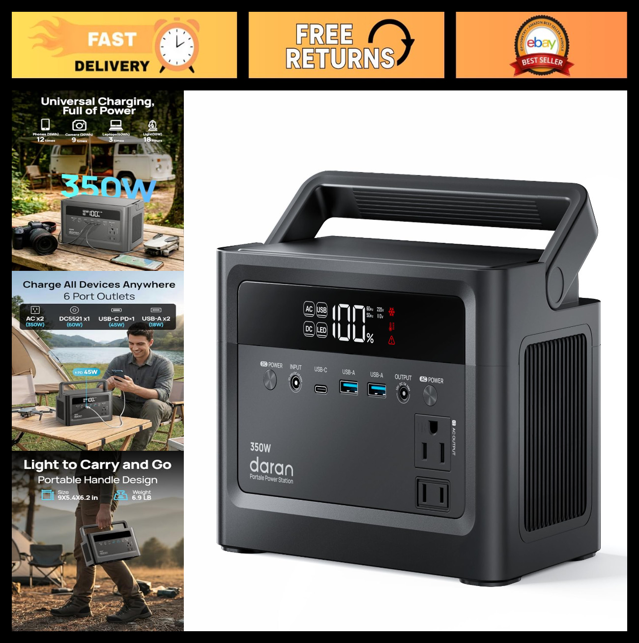 Portable Power Station 350W, 230.4Wh Battery, 110V Pure Sine Wave, Solar Generat