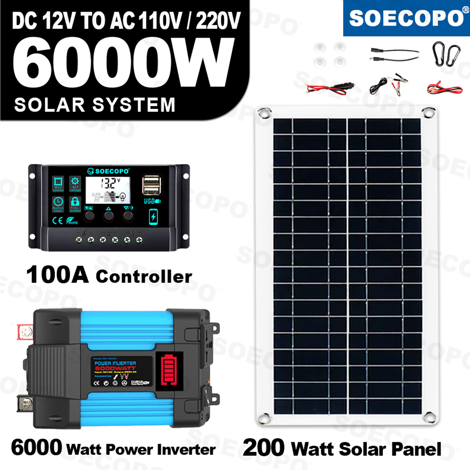 6000W Solar Panel Set Solar Power Inverter Generator 100A Home 110V Grid System