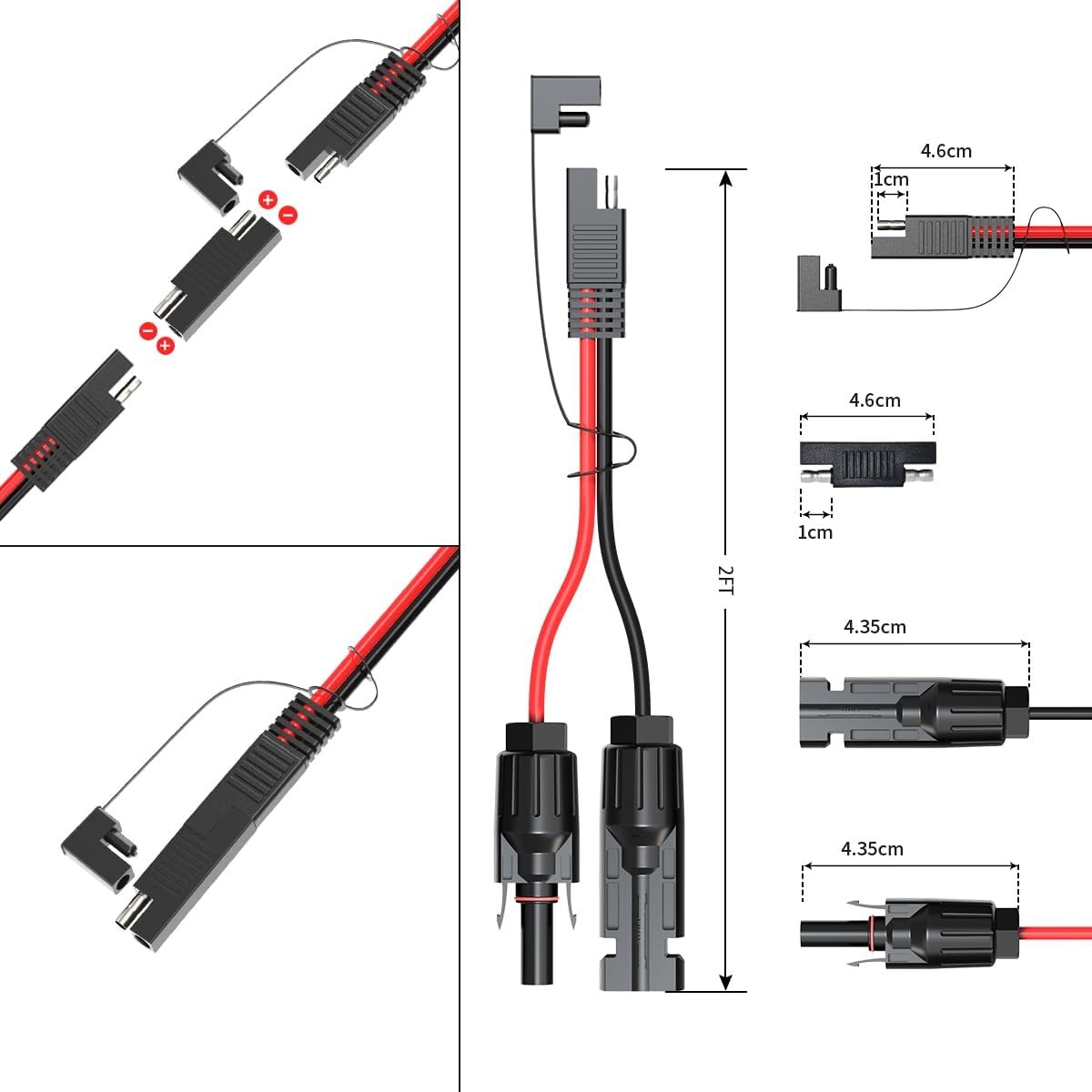 Solar Connector to SAE Adapter 2 3.3 10 20 35 50 FT SAE Solar Panel 10AWG 2FT