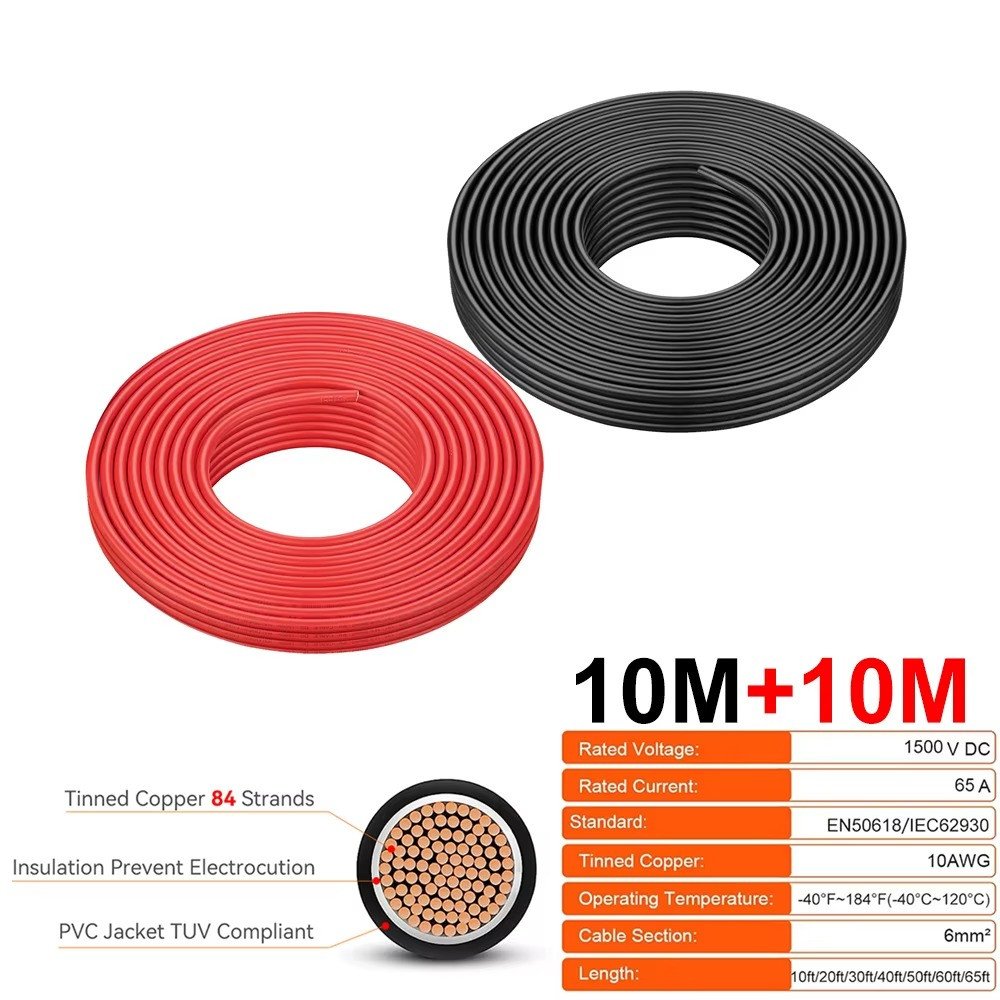 Solar Power Cable TUV Certified 6mm² 10AWG PV Wire Red Black Jacket