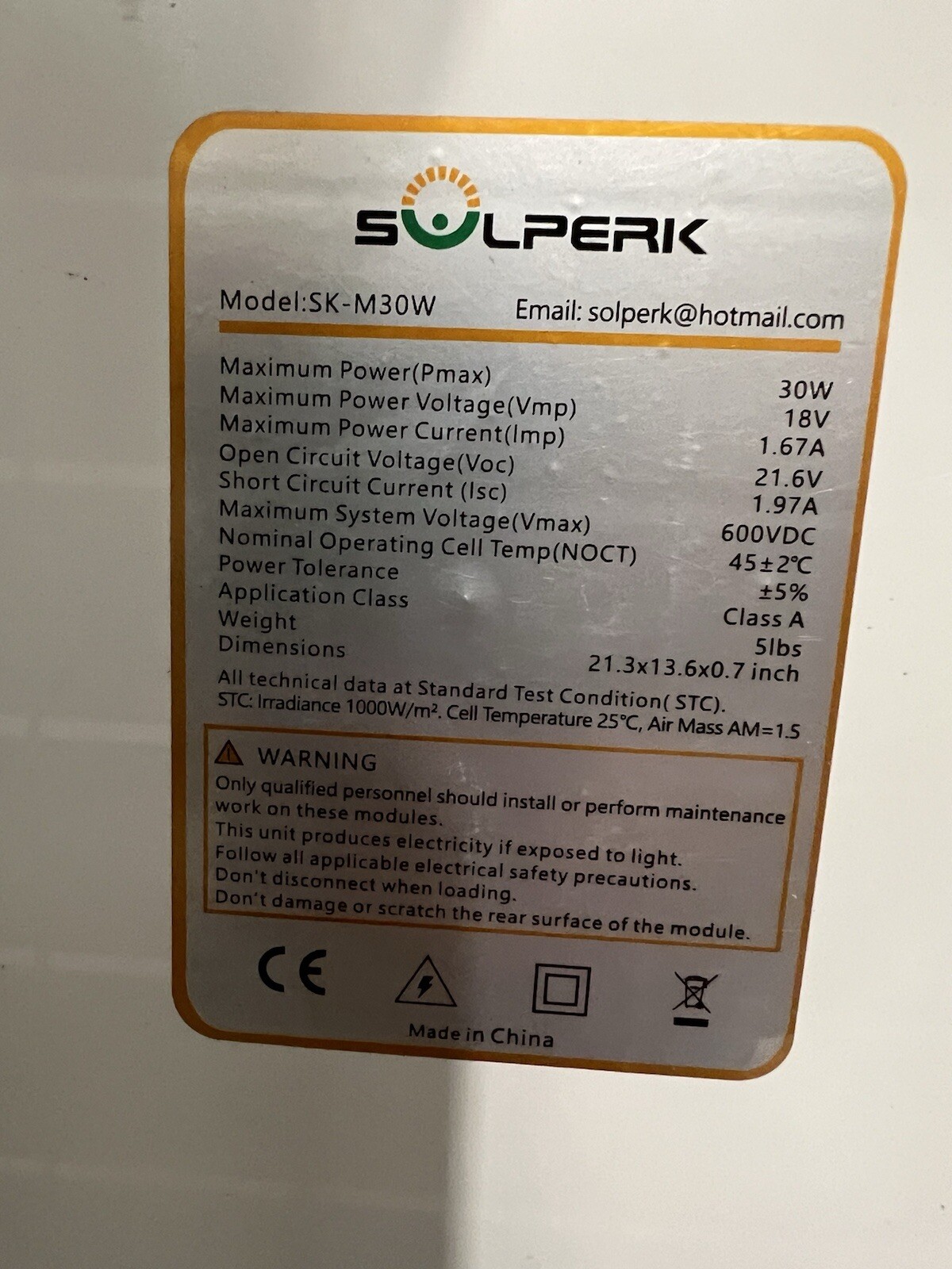 SOLPERK 30W 18V Solar Panel