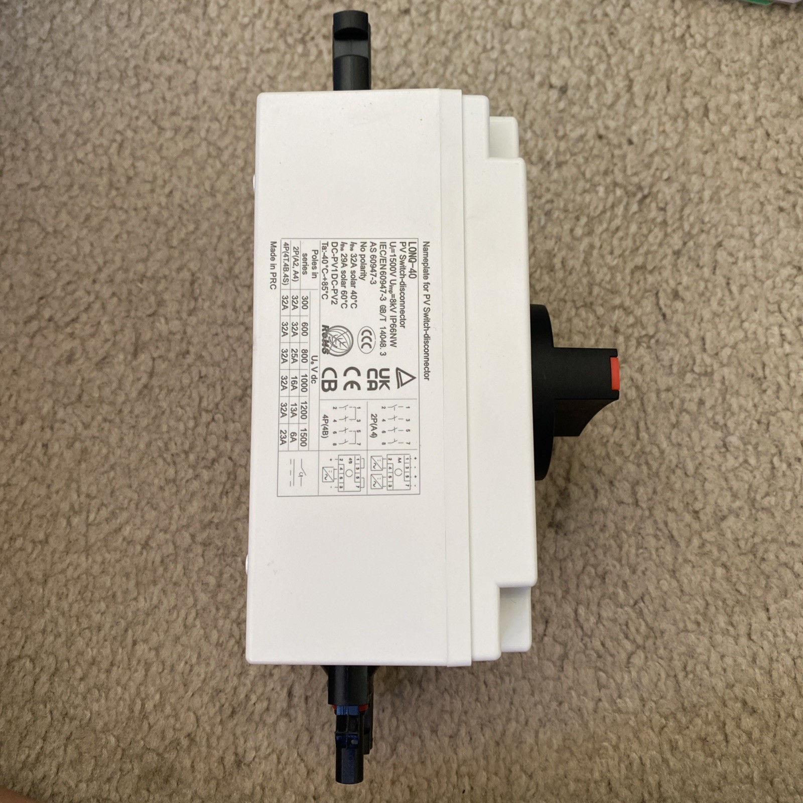 CNLONQ Solar PV Disconnect Switch 32 Amp DC1500V Rapid Shutoff Isolator Switc…