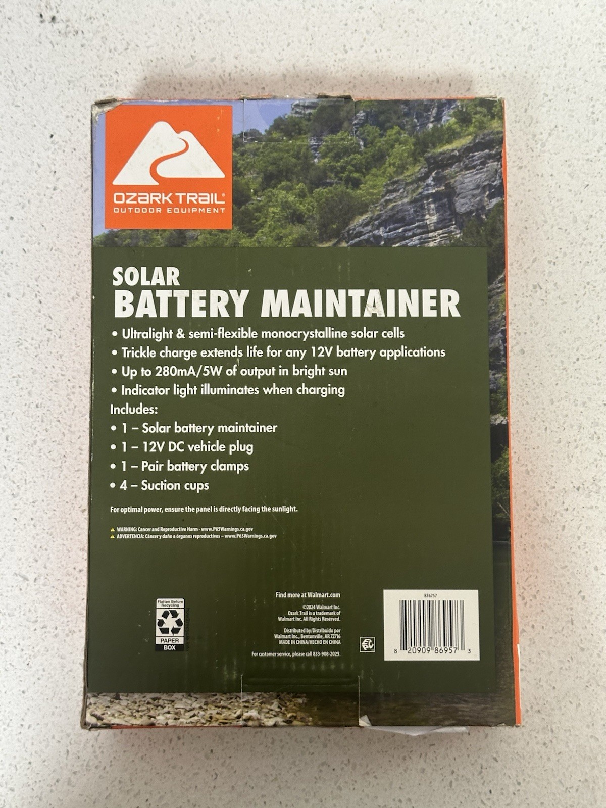 Ozark Trail 12V 2.5W Portable Solar Battery Maintainer Black -NO BATTERY CLAMPS