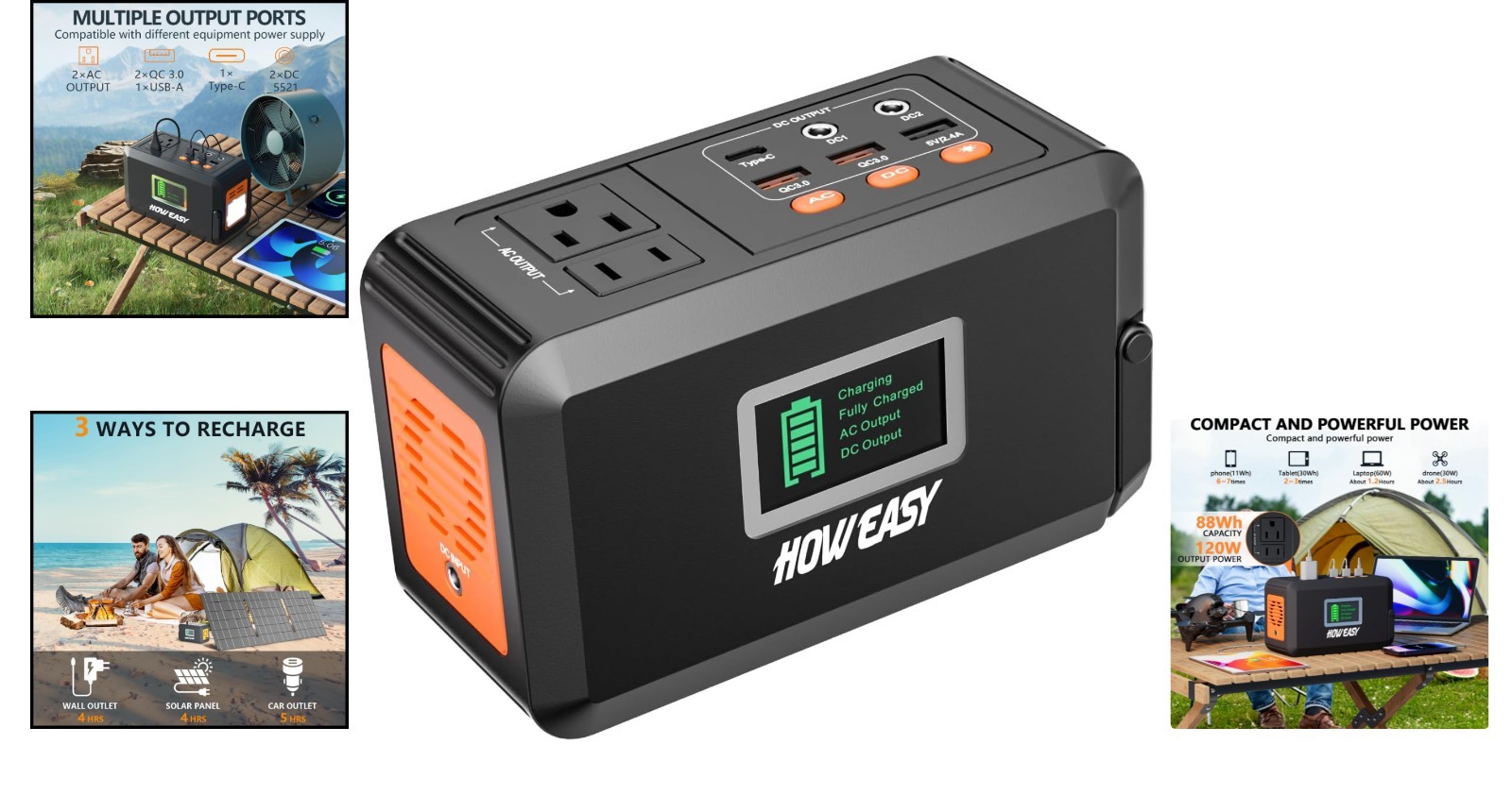 Compact 120W Portable Power Bank with 8 Ports & LED Light for Outdoor Adventures