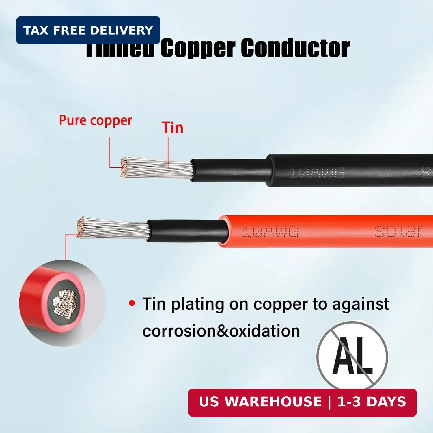 10 AWG Solar Cable 100FT Red + 100FT Black Tinned Copper Wire, 10 Gauge Solar Pa
