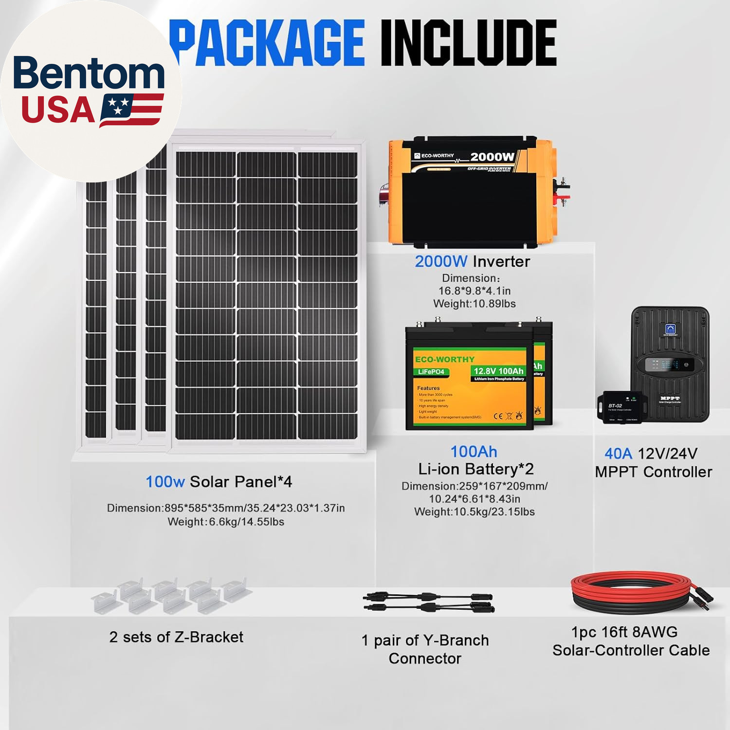 1.6KWH Complete Solar Panel Kit 400W 12V for RV off Grid: 4 * 100W Solar Panel +