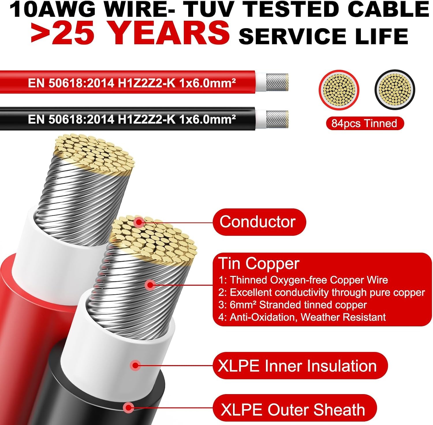 Oududianzi 2x100FT Solar Panel Wire 10AWG Tinned Copper PV Cable Outdoor