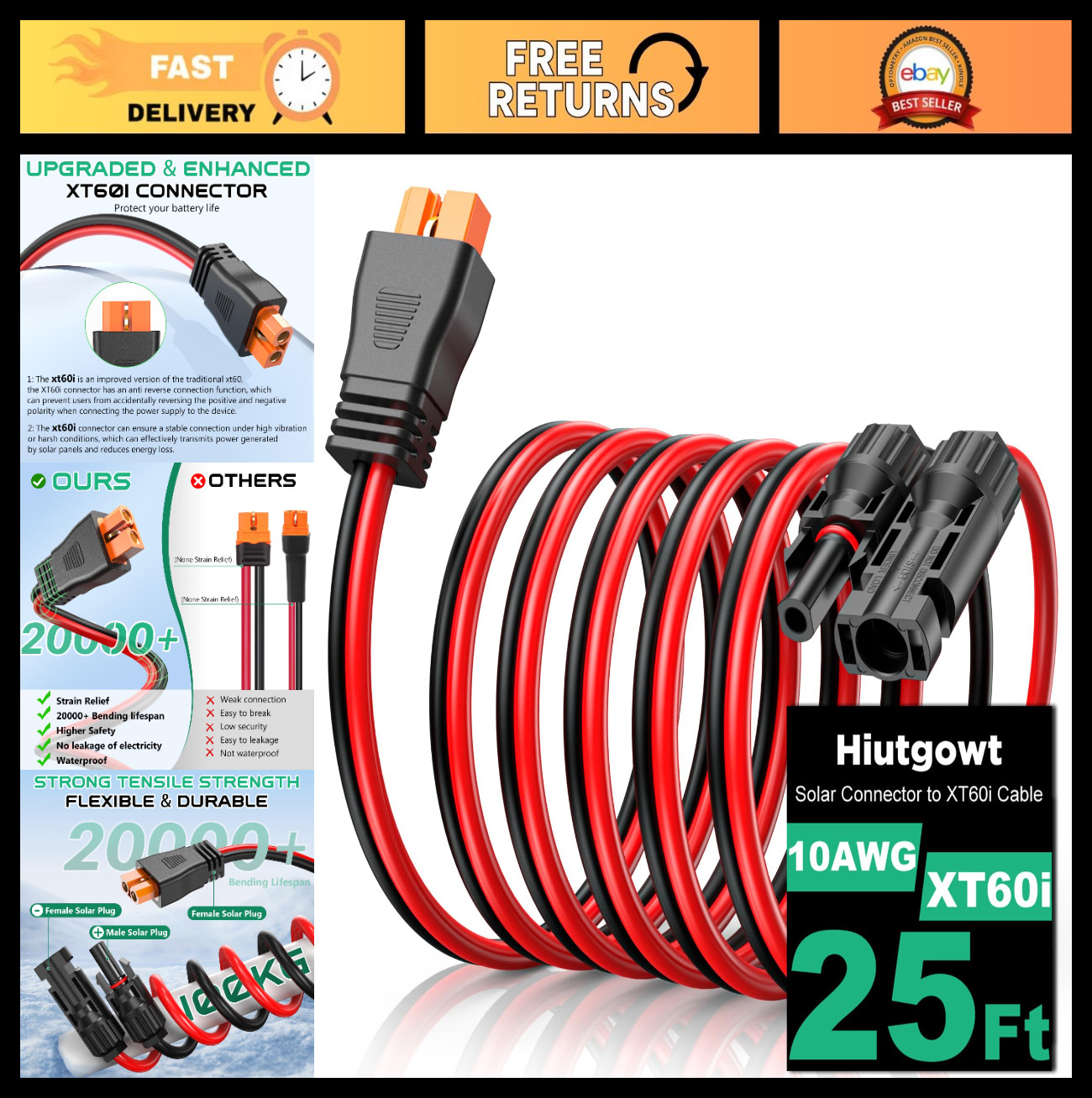 25FT 10AWG Solar XT60i Cable, Solar Panel Connector Extension for Power Station