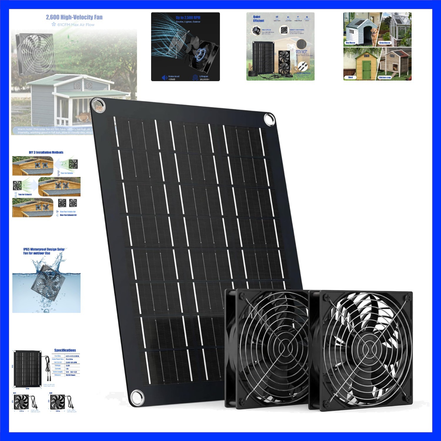 4.7 Inch Solar Powered Fan Kit, 15W Solar Panel with 2 Waterproof Fans, Intak…