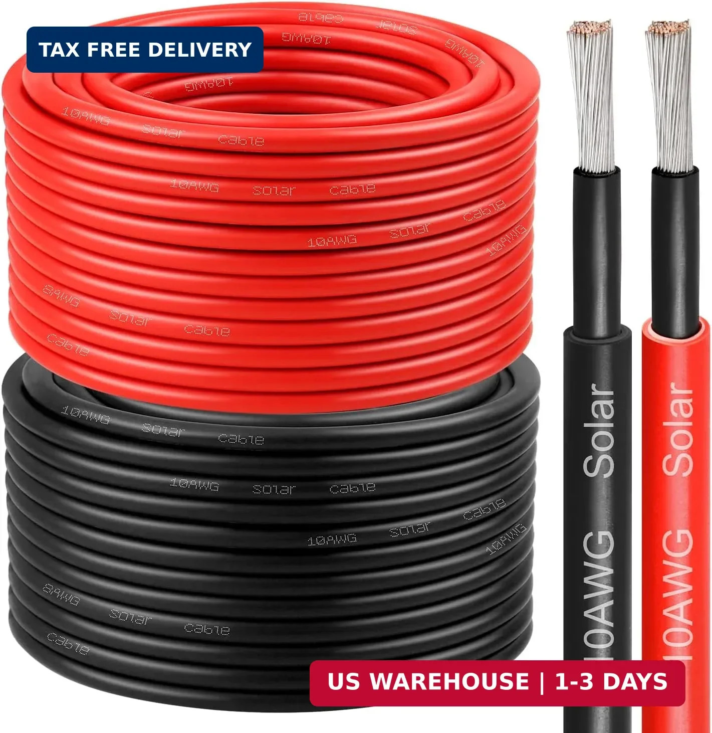 10 AWG Solar Cable 100FT Red + 100FT Black Tinned Copper Wire, 10 Gauge Solar Pa