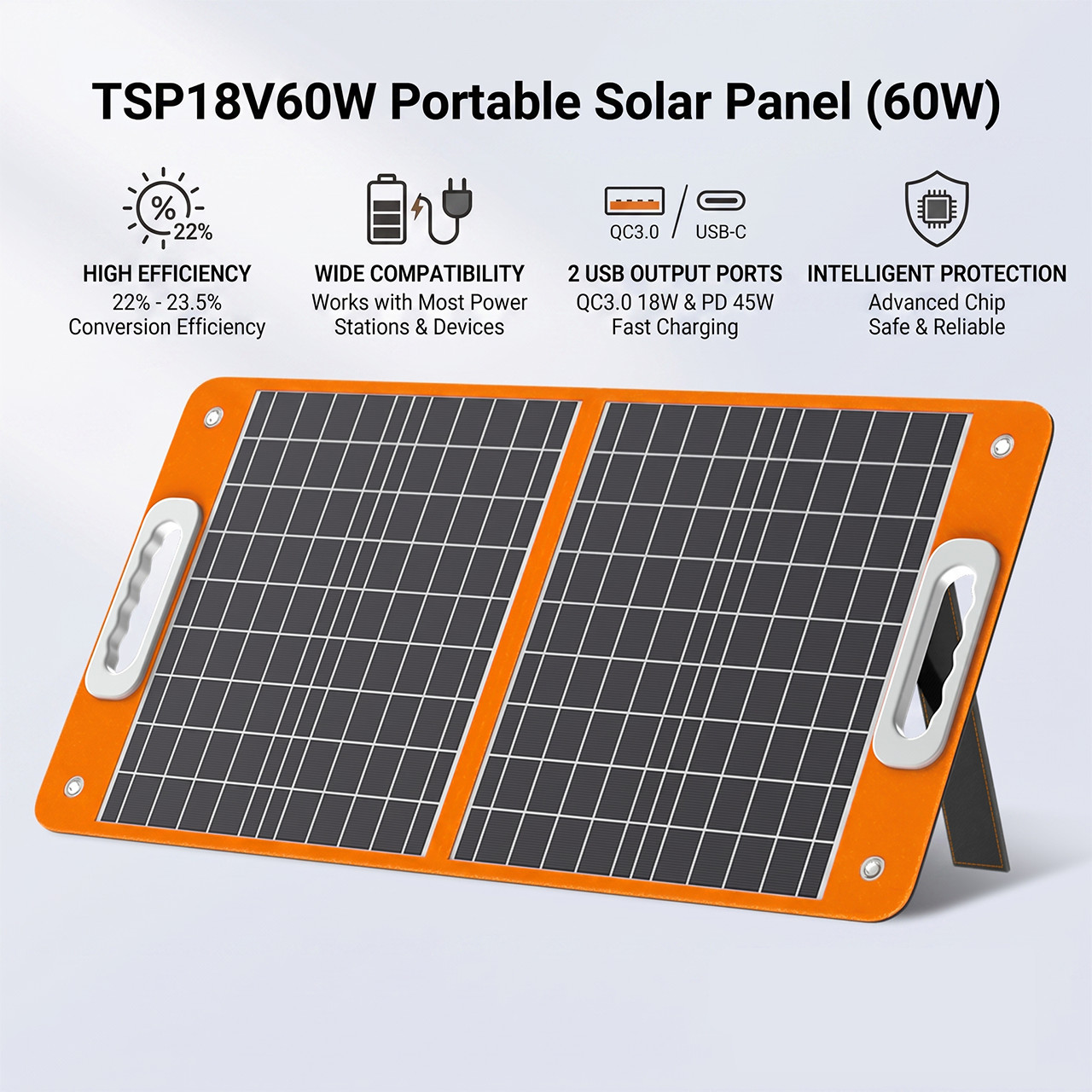 Flashfish 60W Foldable Solar Panel PD QC3.0 Fast Charging Adjustable Stand