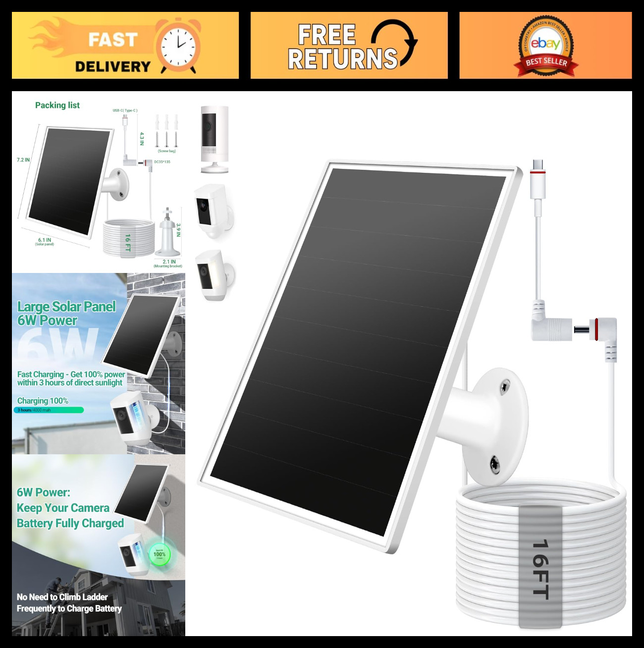 6W Solar Panel Charger for Ring Cameras – USB-C & Barrel Plug, Waterproof, 16ft