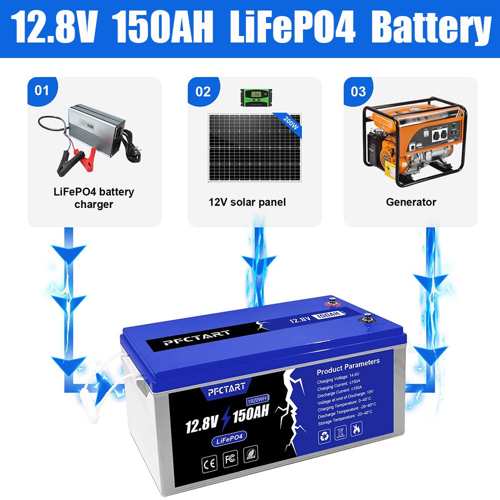 PFCTART 150AH LiFePO4 Lithium Battery Built-in Smart BMS for Solar RV Camping