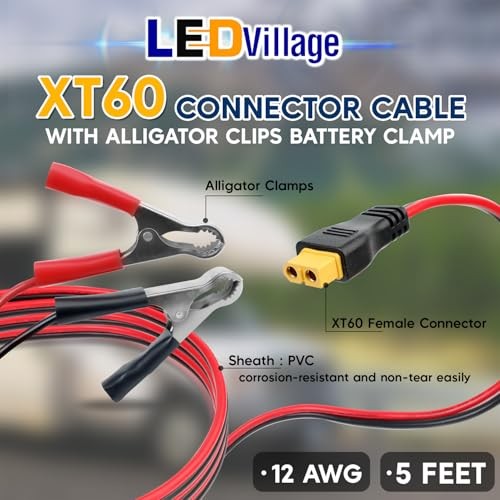 XT60 Connector Cable to Alligator Clip, 12AWG 12V Battery Clamp to 12AWG-5FT