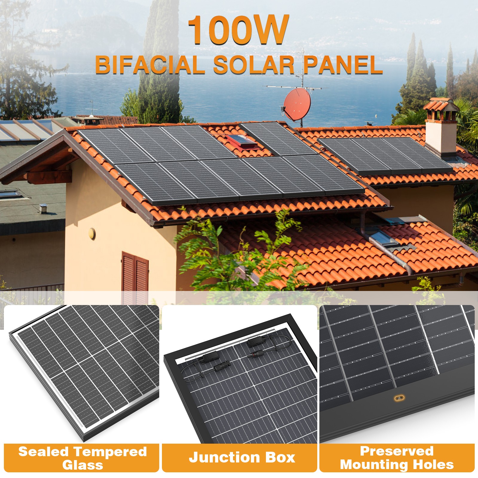 100 Watt Solar Panel Bifacial N-Type 12V Home PV Power Off-Grid RV Camper System
