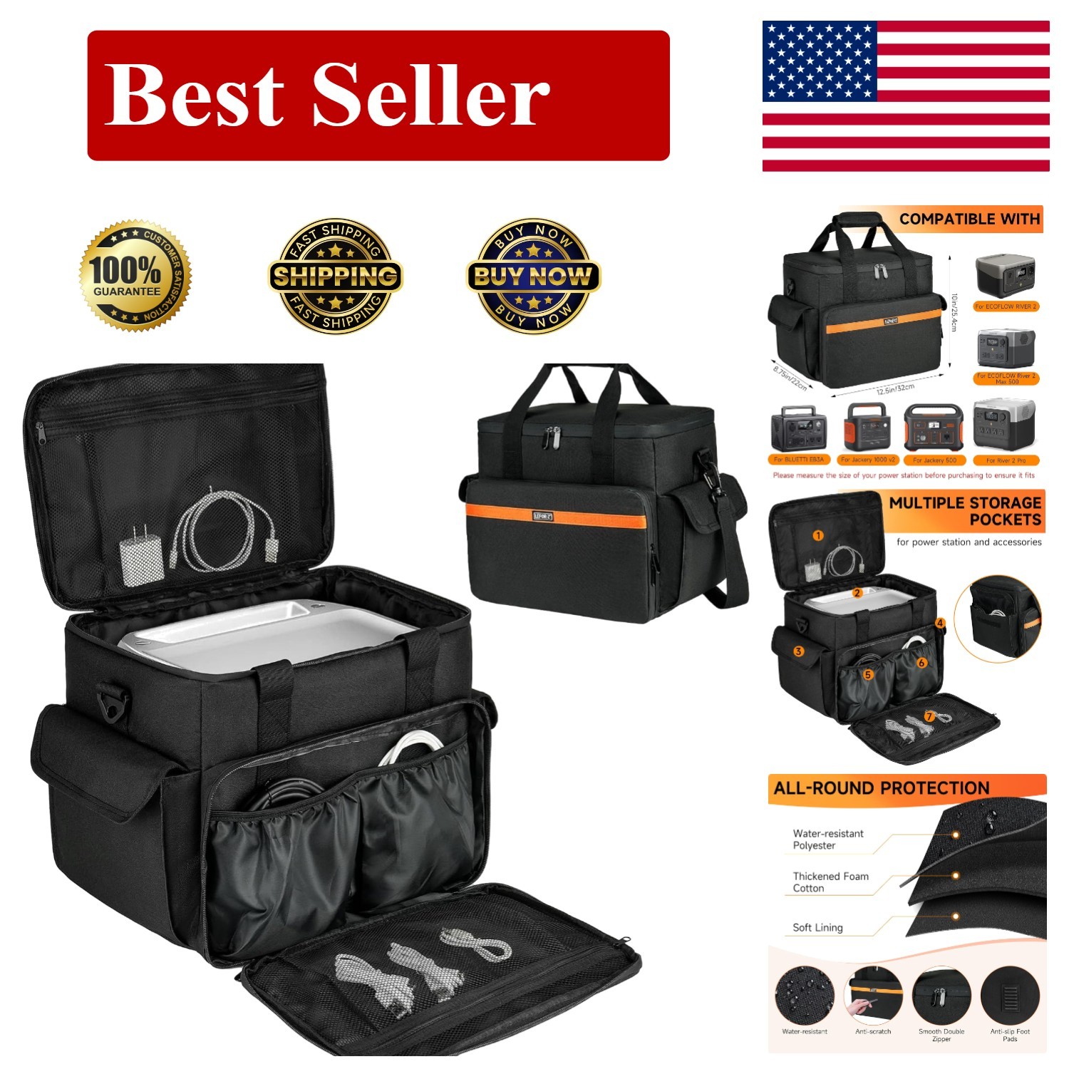 Stylish Black Carrying Case for Portable Power Stations – 7 Compartment Design