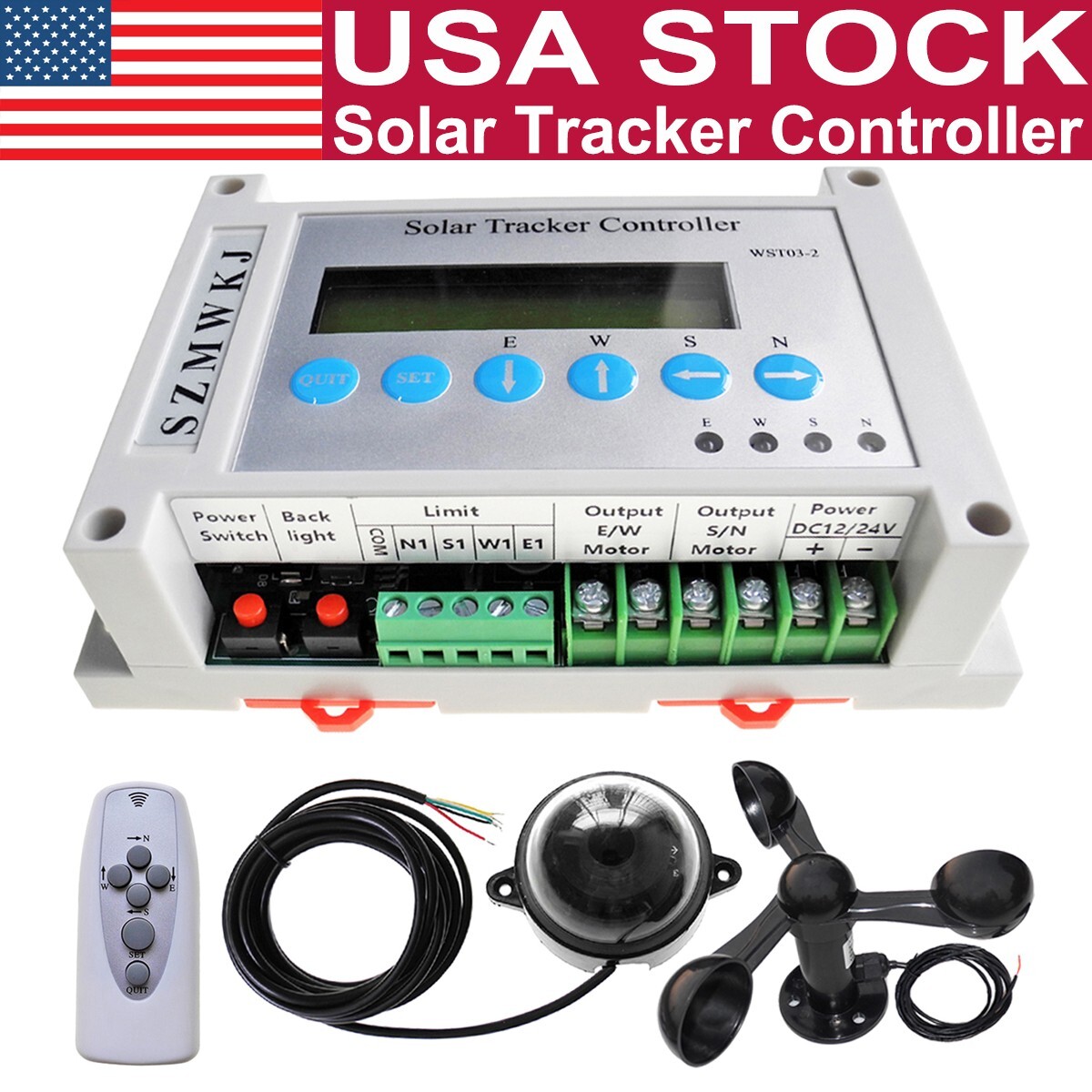 Complete Dual Axis Solar Tracker Linear Actuator Controller W/ Wind Speed Sensor