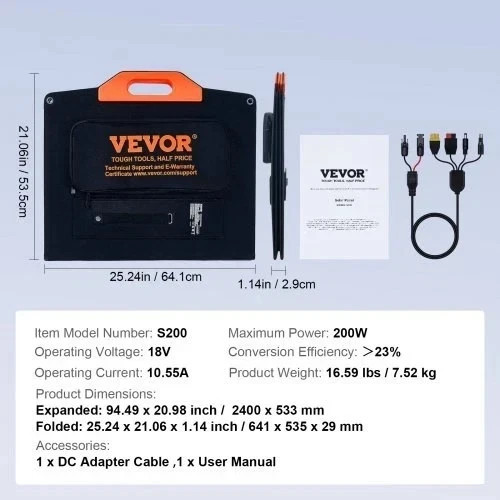 VEVOR 200W Monocrystalline Solar Panel Foldable ETFE Portable Solar Charger Kit