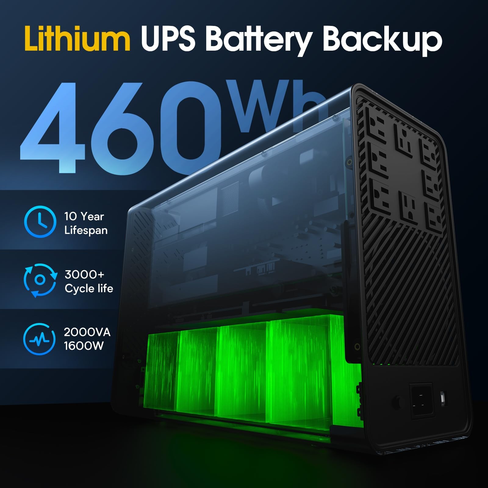 Goldenmate 2000VA 1600W Pure Sine Wave UPS Backup Power Supply LiFePO4 Battery