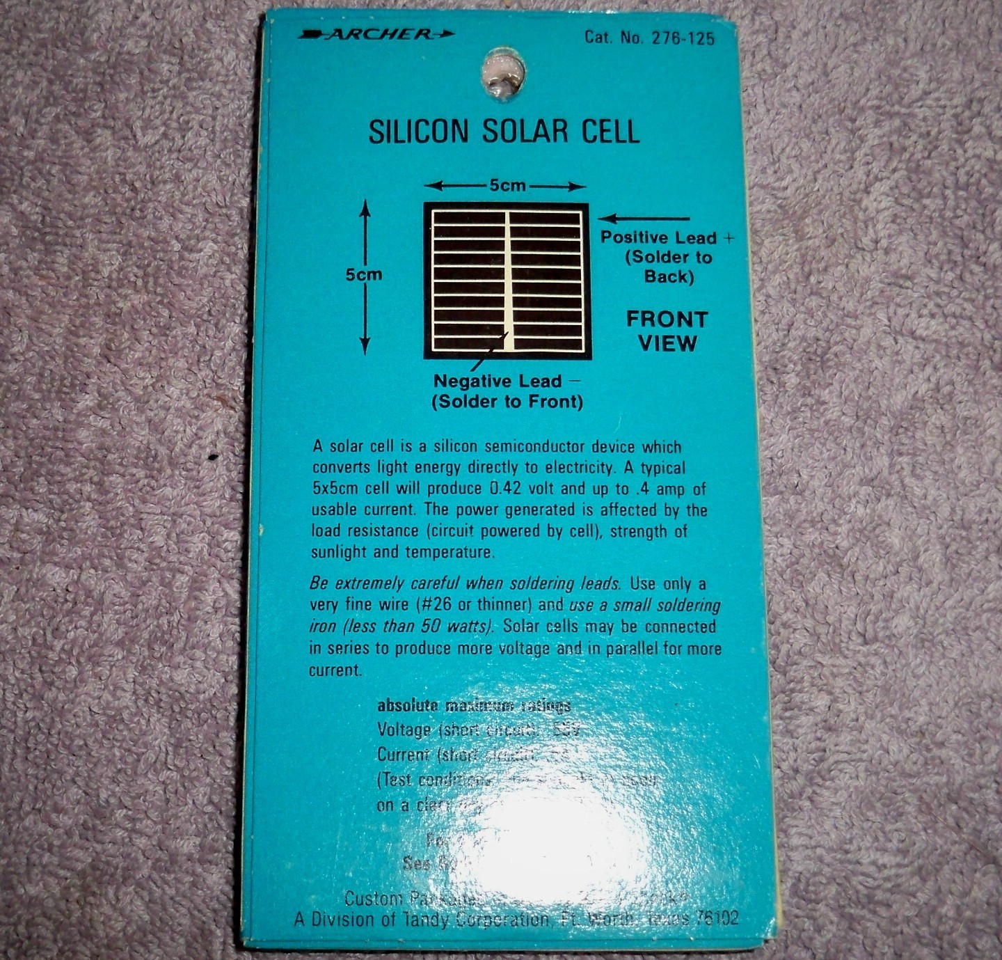 LOT of 5 VTG ARCHER Silicon Solar Cells 5x5cm / Radio Shack CAT No 276-125/ NOS