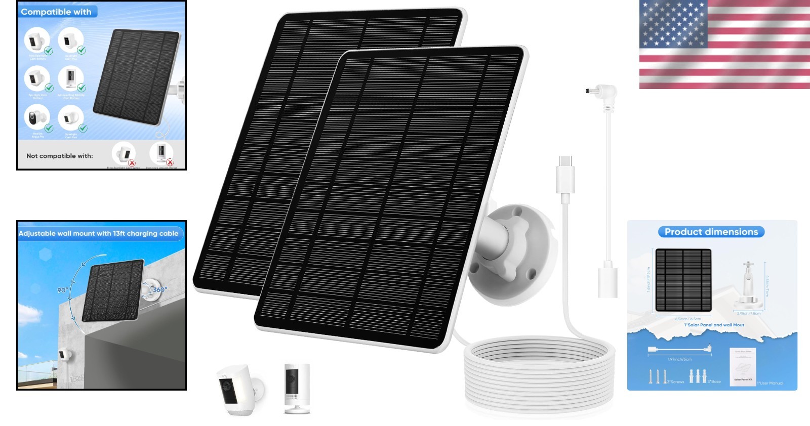 Solar Panel for Ring Camera(2Nd Generation), 2 Pack 5W Solar Panel with 10FT/3M