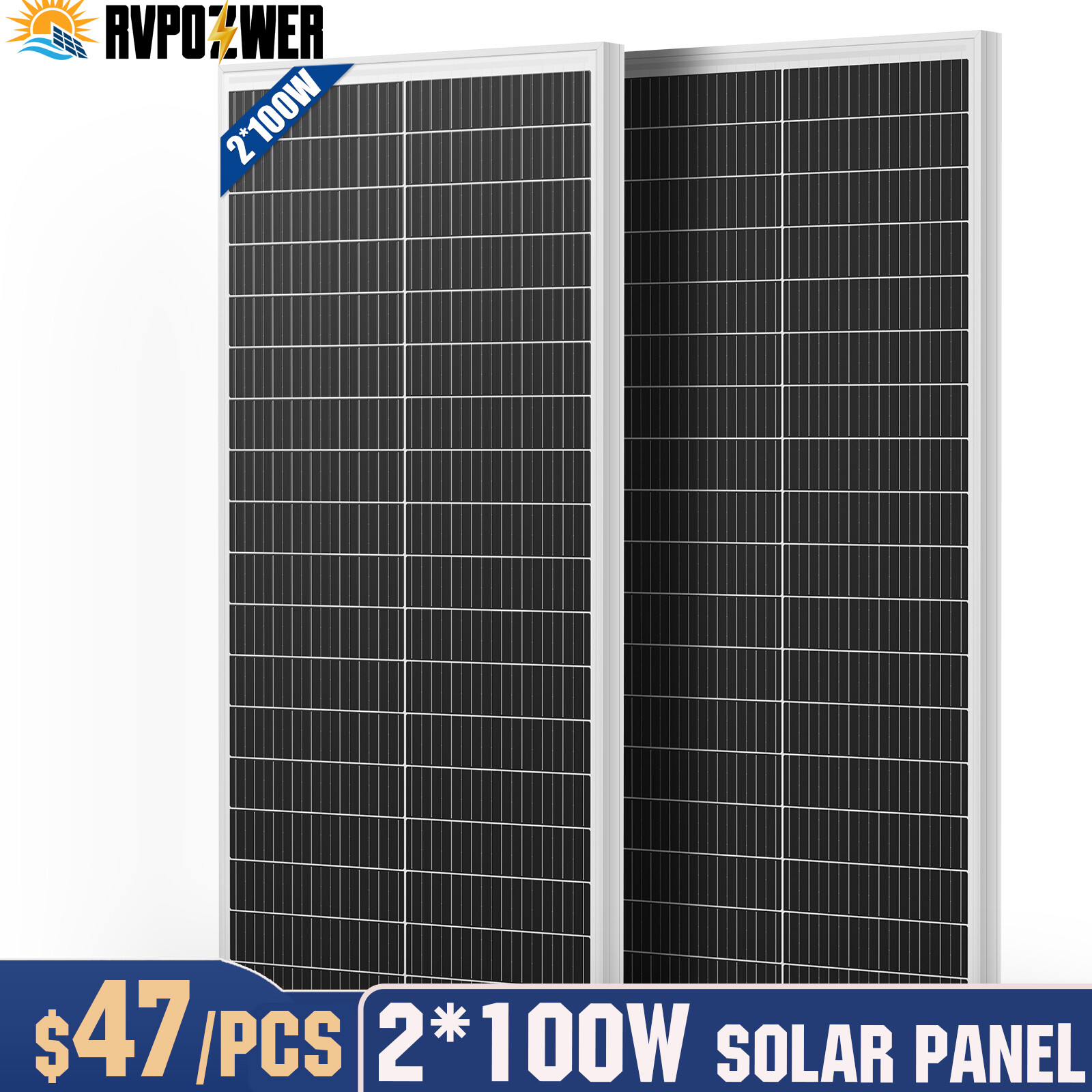 100W Watt 12V/24V Mono Solar Panel 18BB Cell RV Car Home Off Grid 2Pack (200W)