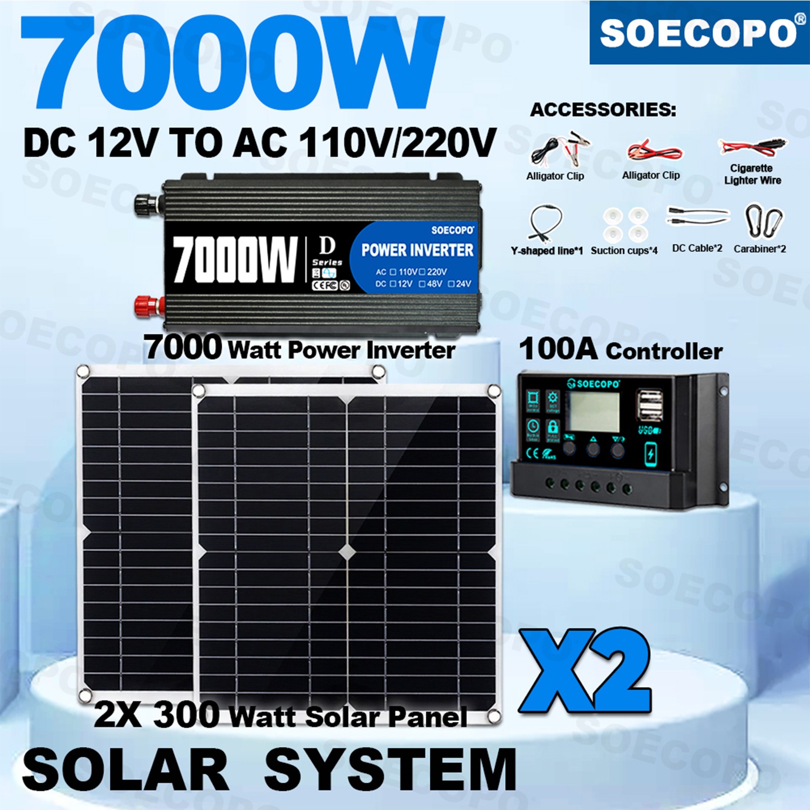 Complete 7000W Off-Grid Solar Kit 7000W Inverter 2pcs 300W Solar Panels 110V US