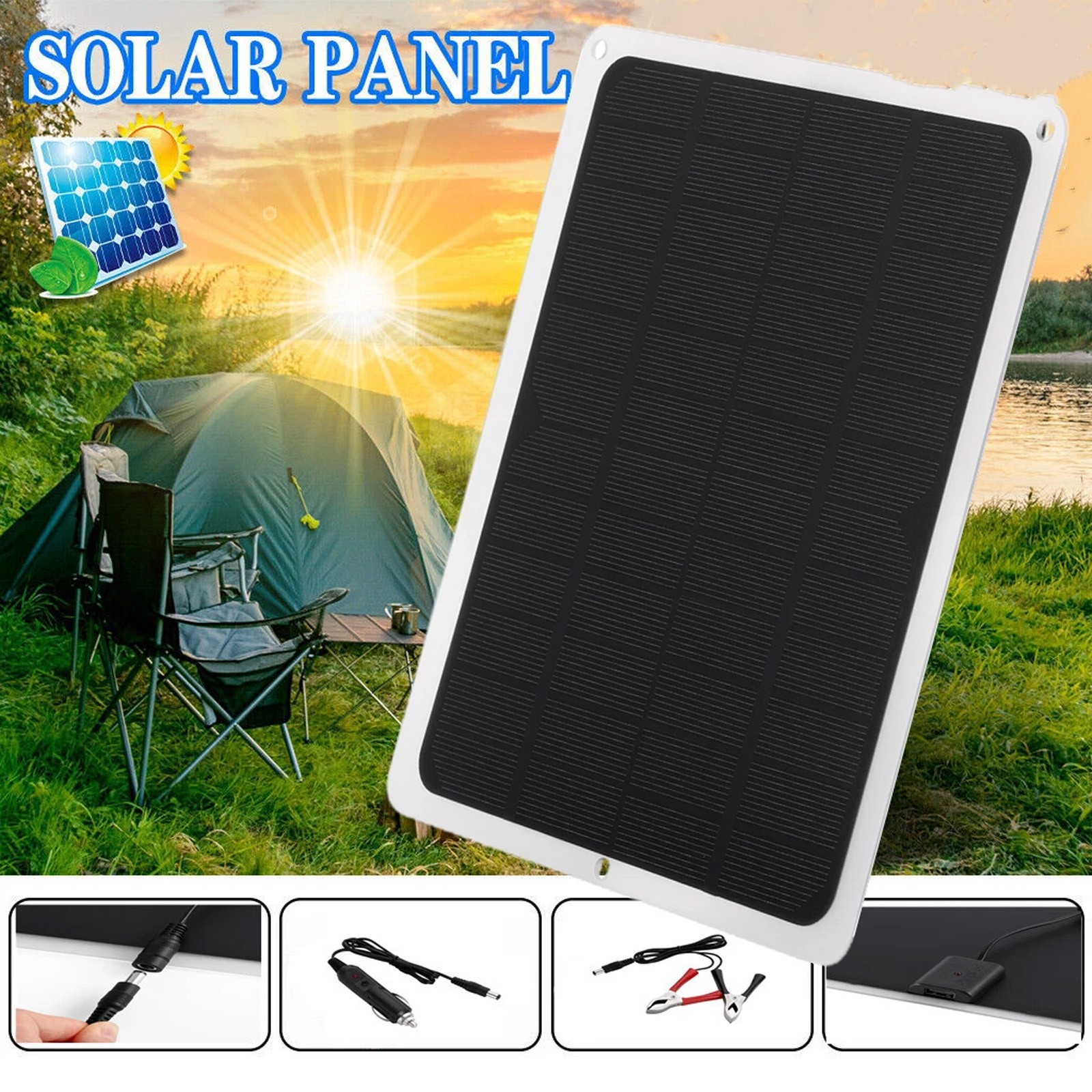 10W Solar Panel 12V Trickle Charger Battery Charger Kit Maintainer Car RV Boat