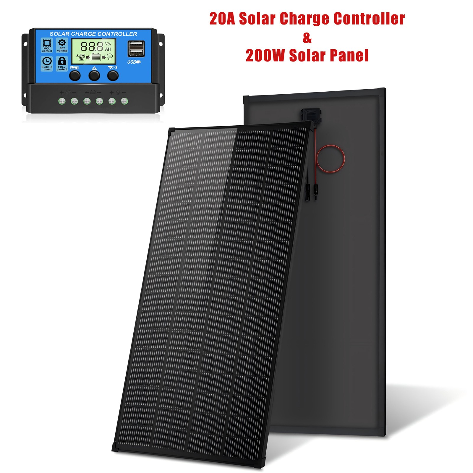 200W Mono Solar Panel Controller Kit 18V 25% PV Off-Grid Battery Power Charge US