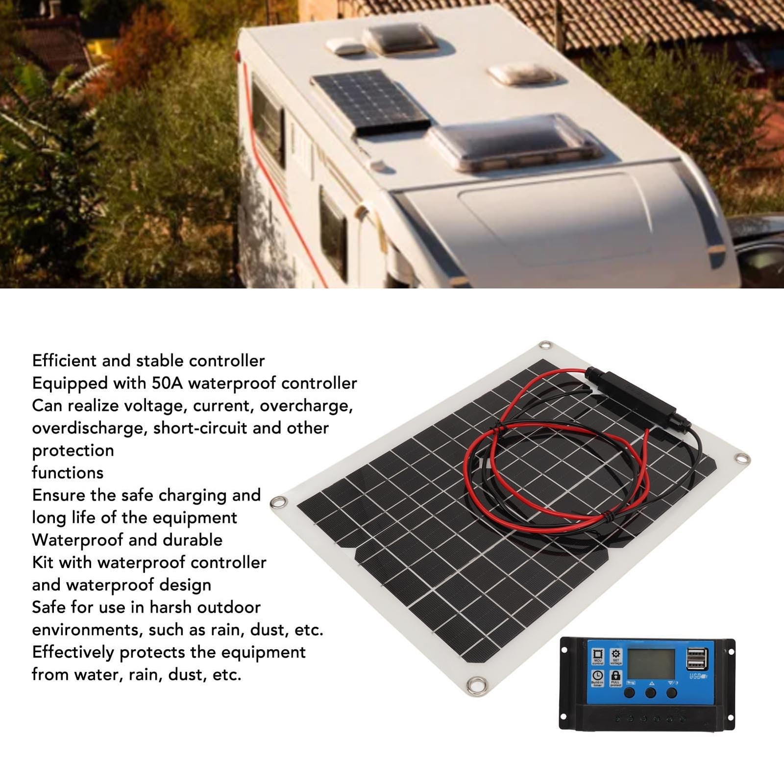 300W Solar Panel Kit DC 12V 24V 50A High Efficiency Solar Charger IP67 Waterp…