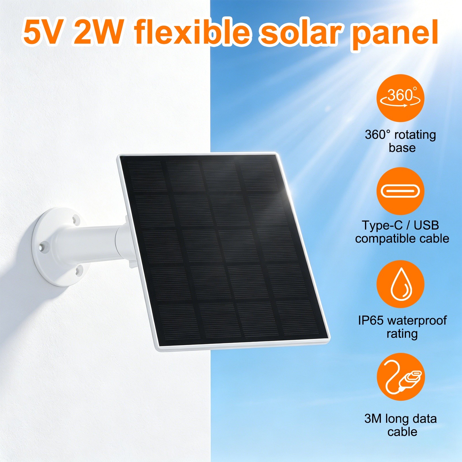 1 Pack of 5V 2W Solar Panel, Waterproof Dual Type-C/USB Solar Charger, White