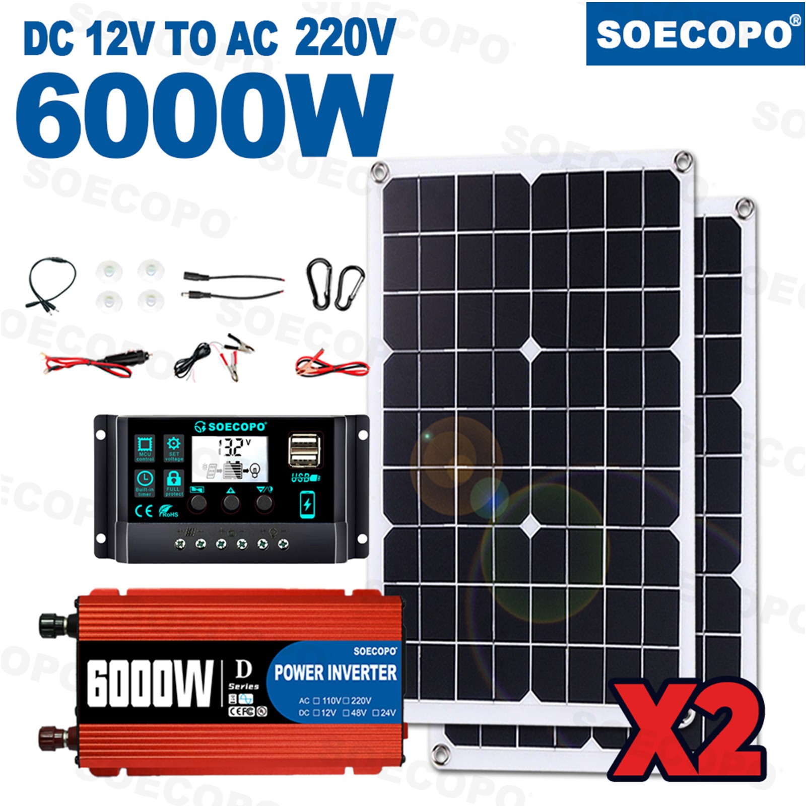 6000W Solar Kit: Inverter (12V to 110V/220V), 2pcs Solar Panels,Controller 100A