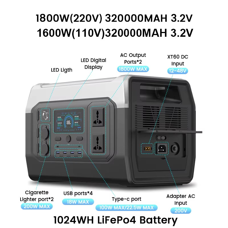 Camping Power Station Outdoor 1024Wh Lifepo4 AC Portable Solar Generator 200W 20