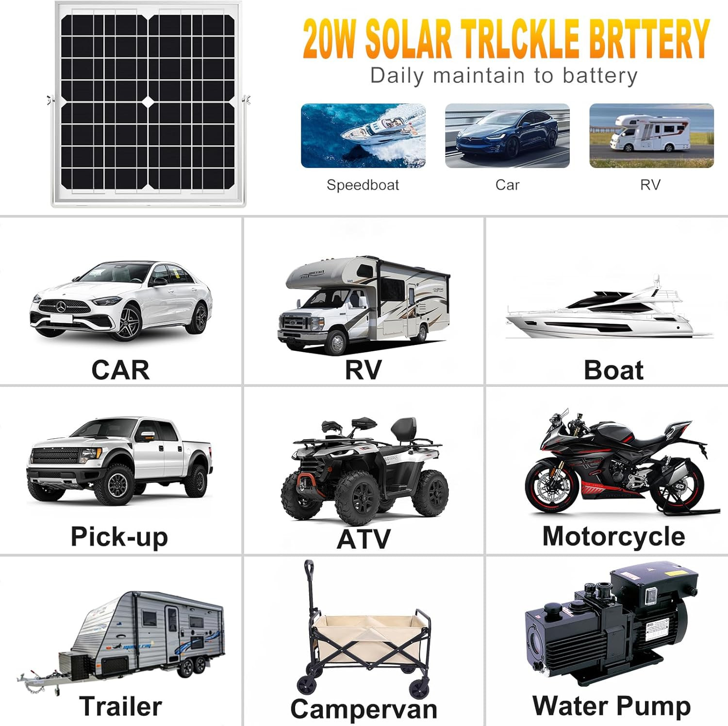 Solar Panel Kit 20W 12V, Waterproof Solar Battery Trickle Charger Maintainer + S