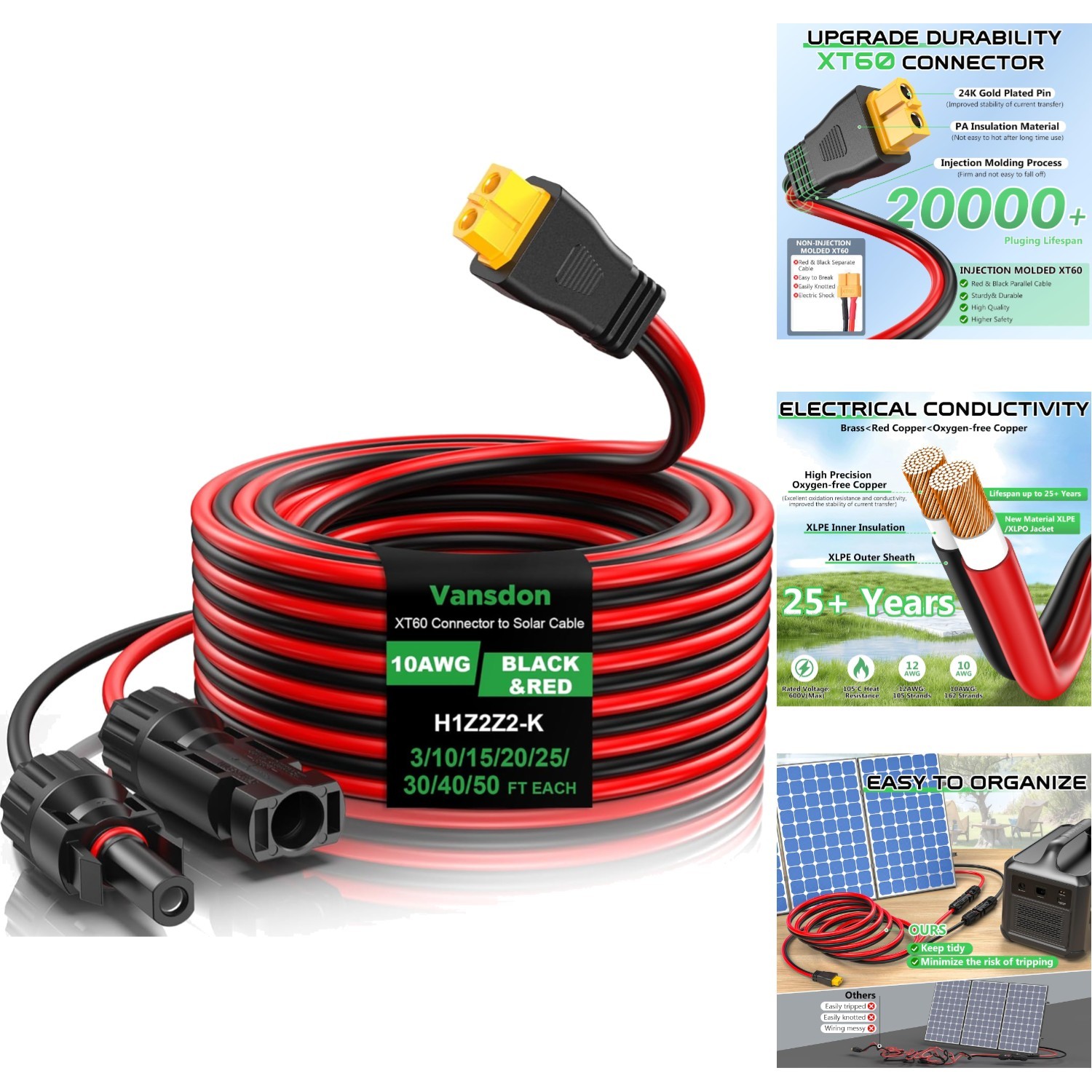 Solar to XT60 Adapter Cable 20 Feet 10 Gauge Wire for RV Portable Power Station