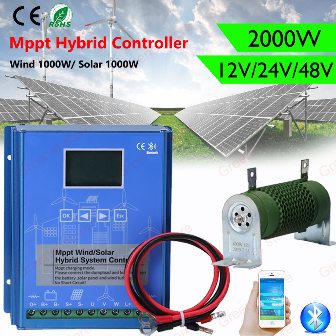 2000W Solar Wind Hybrid MPPT Boost Charge Controller 12V 24V 48V App Bluetooth