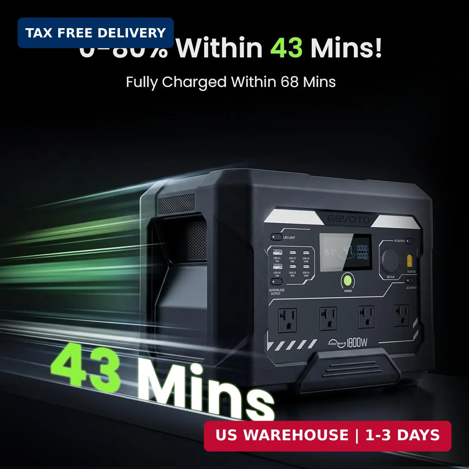 N1000 Portable Power Station 1024Wh, 1800W Fast Charging to 80% in 43Min, 3000W