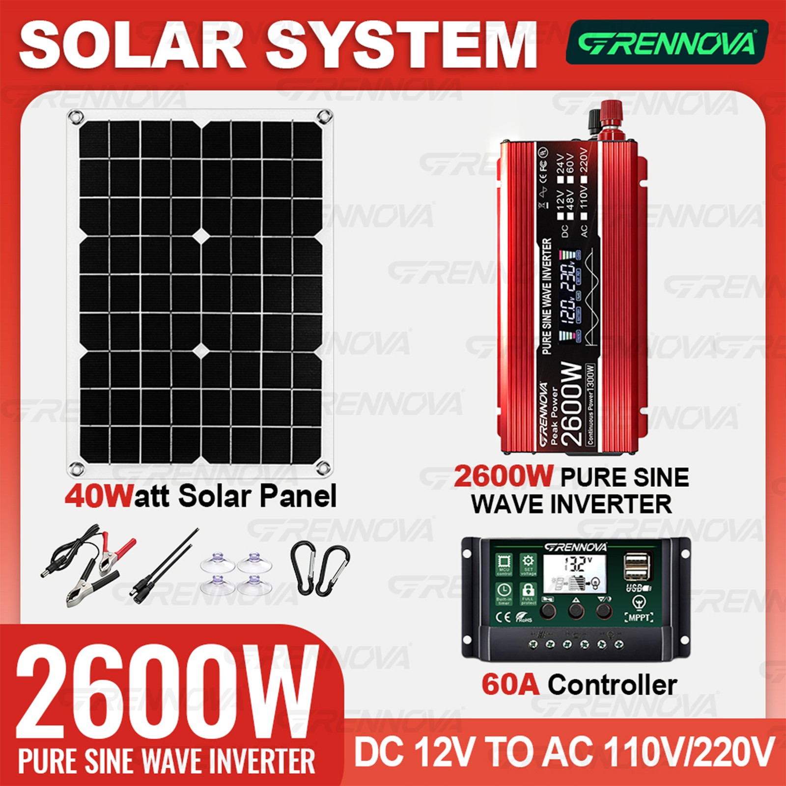Grennova 2600W Heavy Duty Solar Kit 60A MPPT Off-Grid DIY Home Backup