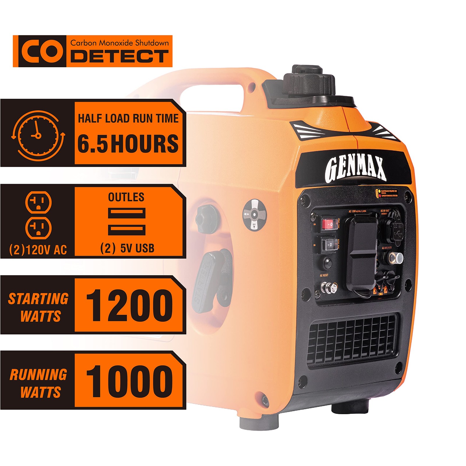 GENMAX Portable Generator，1200W Ultra-Quiet Gas Engine, EPA Compliant, Eco-Mo…