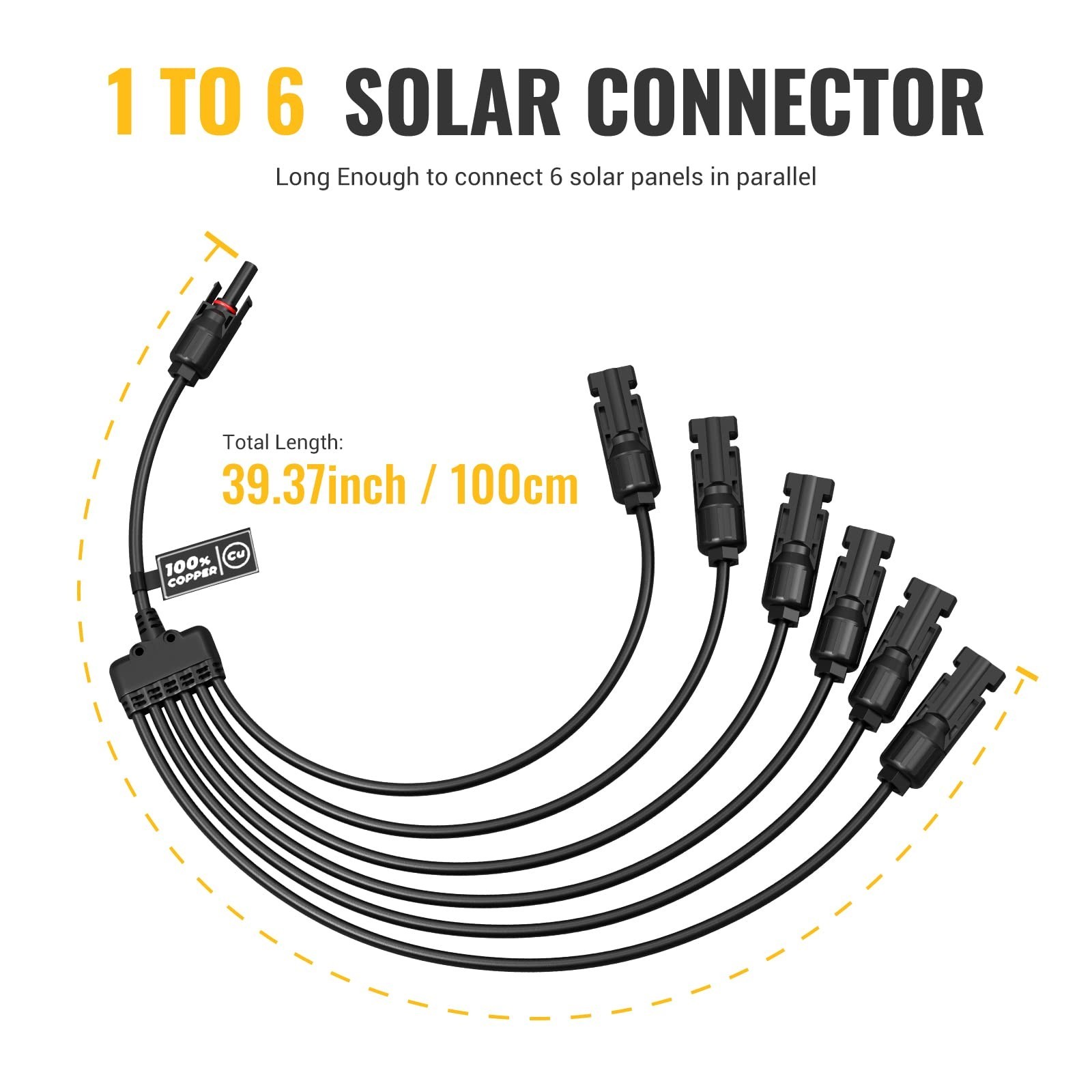 Extra Long Solar Y Connectors 1 to 6 Parallel, Durable Pair for Solar Panels