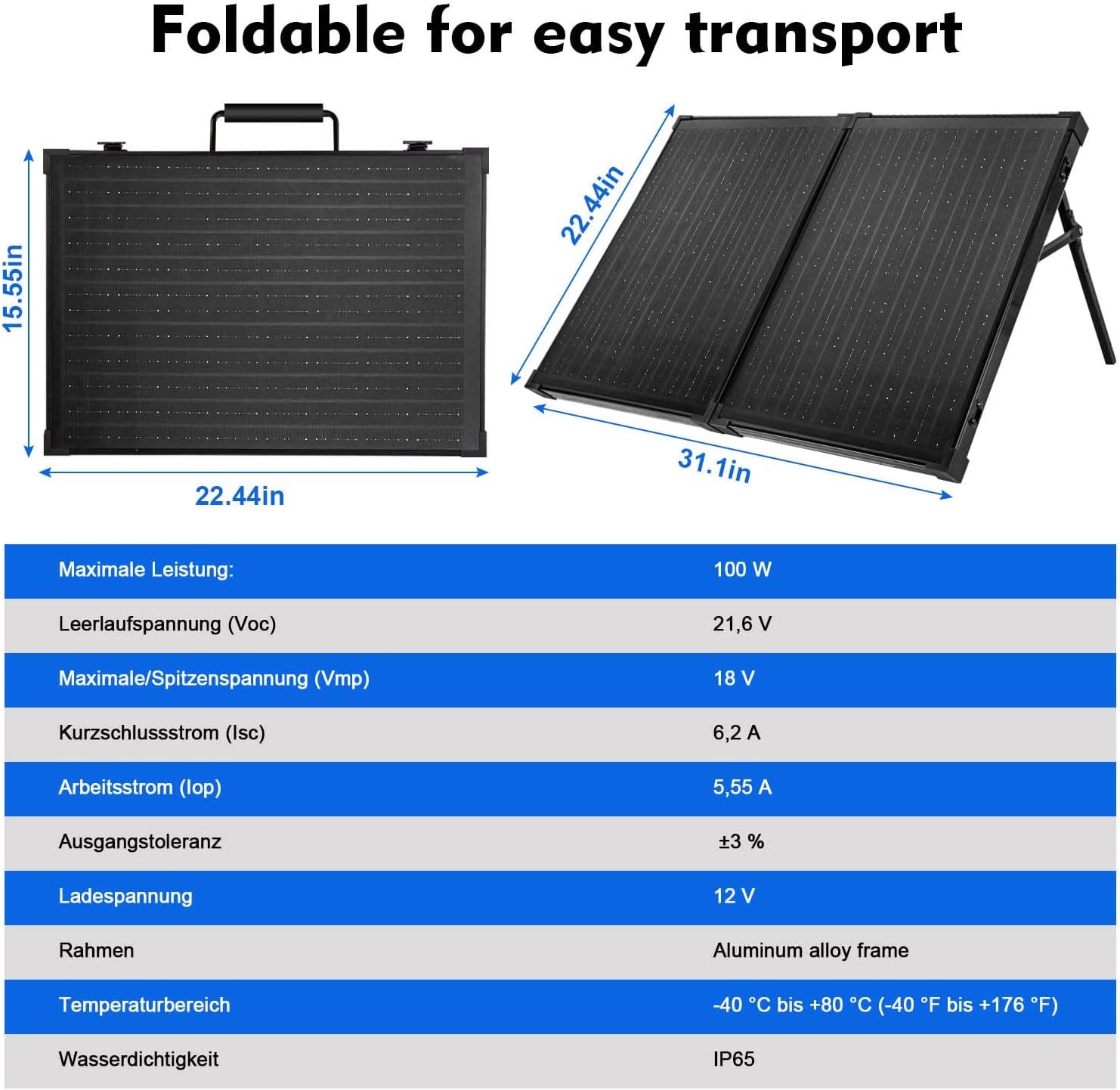 100 Watt 12 Volt Foldable Solar Panel Suitcase Portable RV Camping Solar Charger