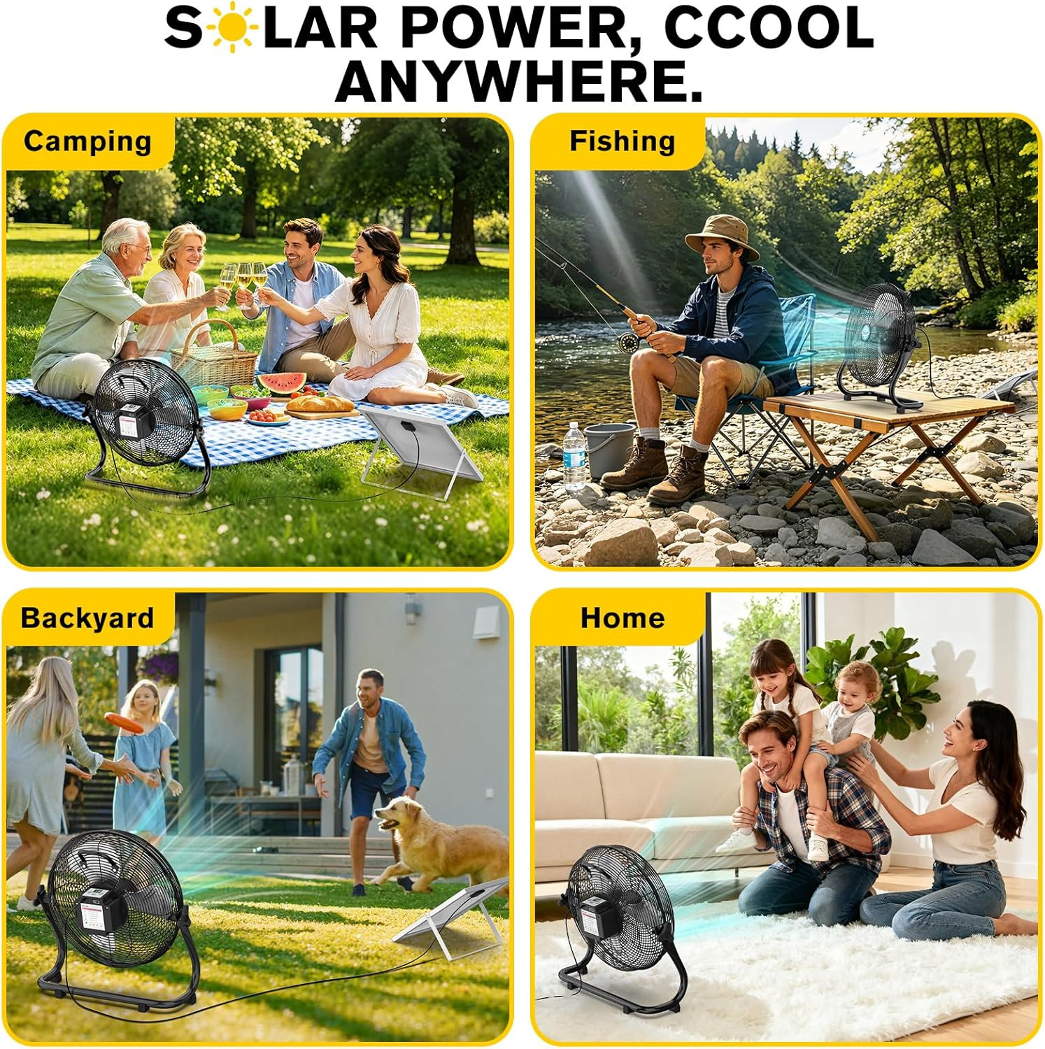 16″ Solar Powered Fan with 20W Solar Panel & Rechargeable Battery, Portable, Qui