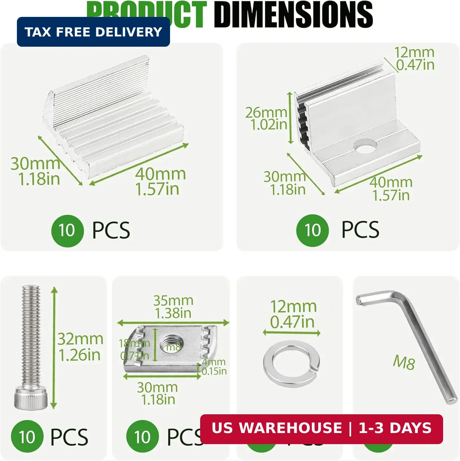 Solar Panel End Clamps 10-Pack – Adjustable 32-50mm Aluminum Mounting Brackets f