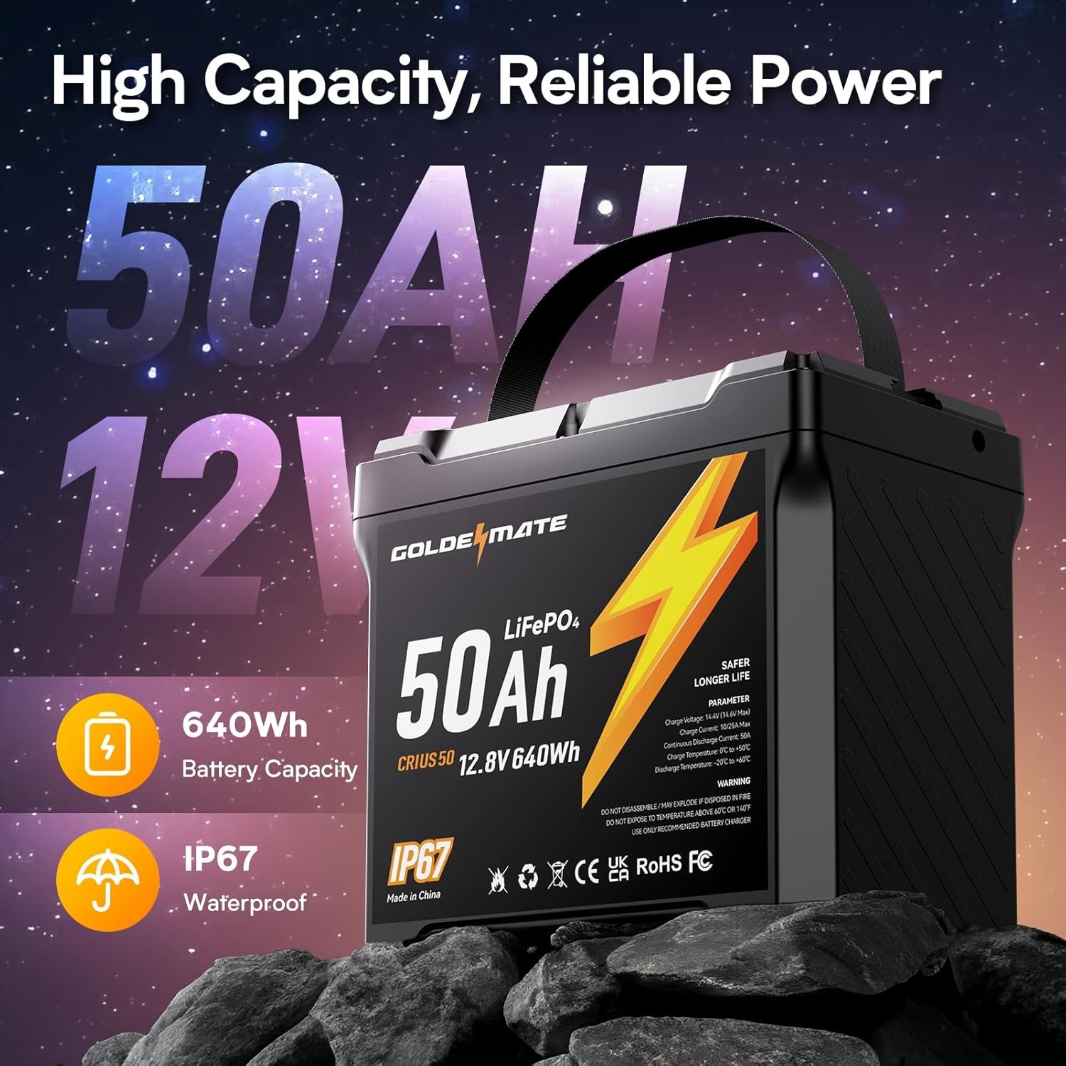 GOLDENMATE 12V 50Ah LiFePO4 Battery IP67 Waterproof Lithium Deep Cycle 640Wh