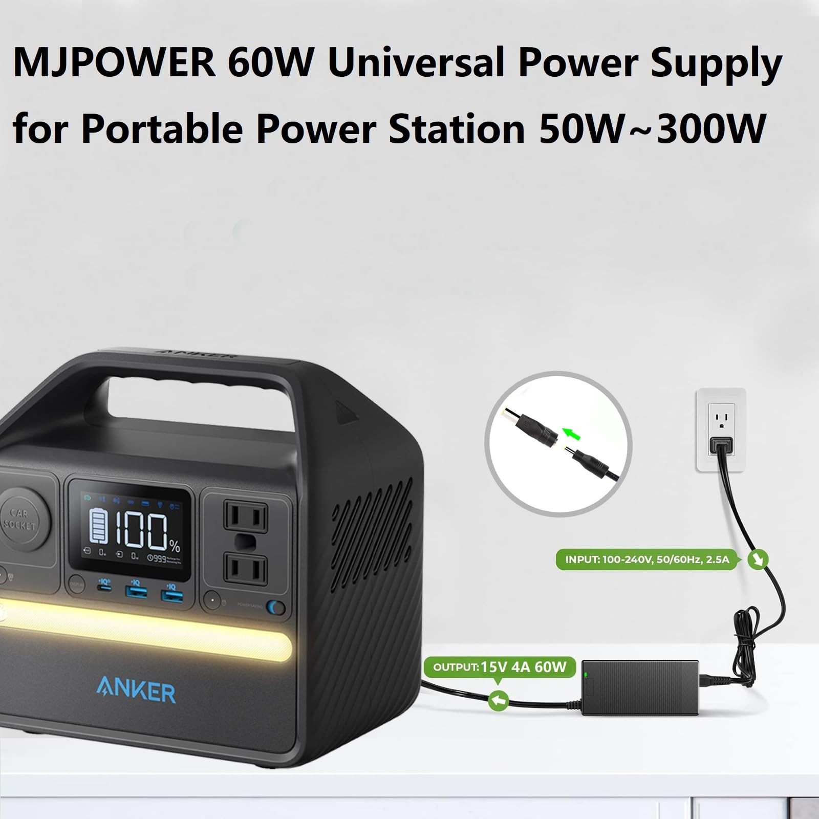15V 60W AC Adapter Charger for Portable Power Station 50W to 300W Fit Anker/G…