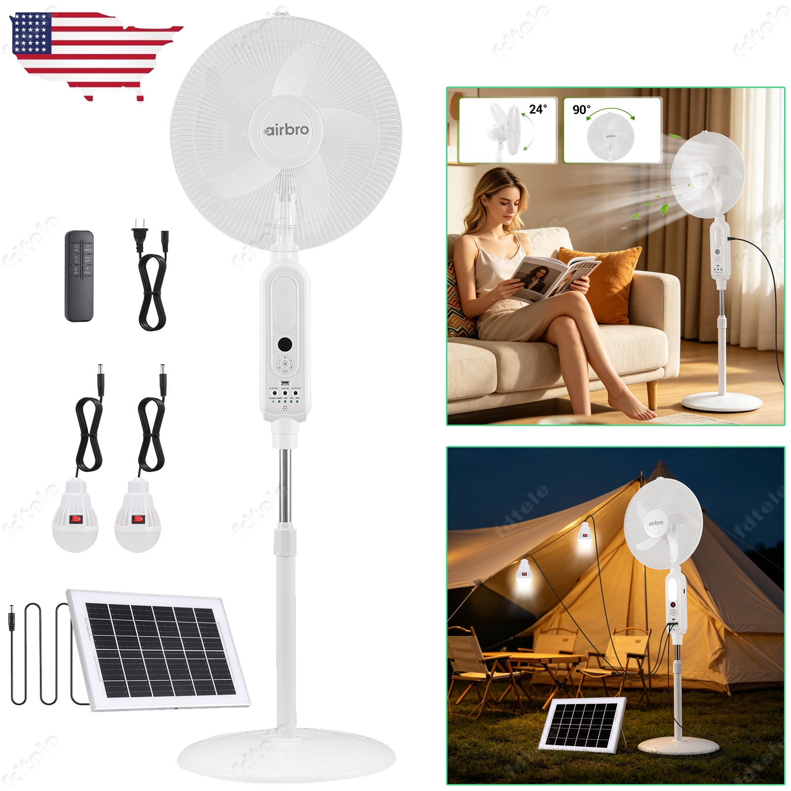 16″ Rechargeable Floor Standing Fan +2PCS LED Bulbs w/ Remote, AC & Solar Charge
