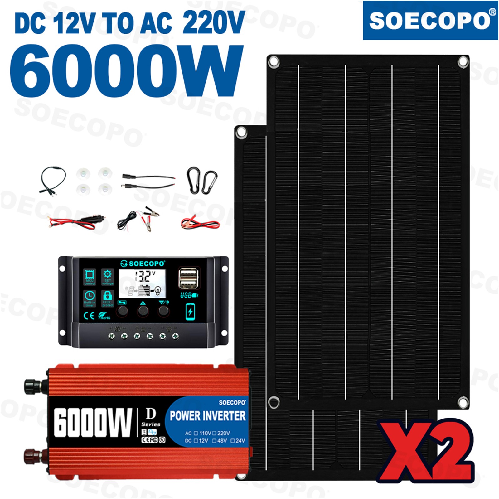 6000W Solar Kit DC12V-AC 110V/220V Inverter + 2pcs Solar Panels+ 100A Controller