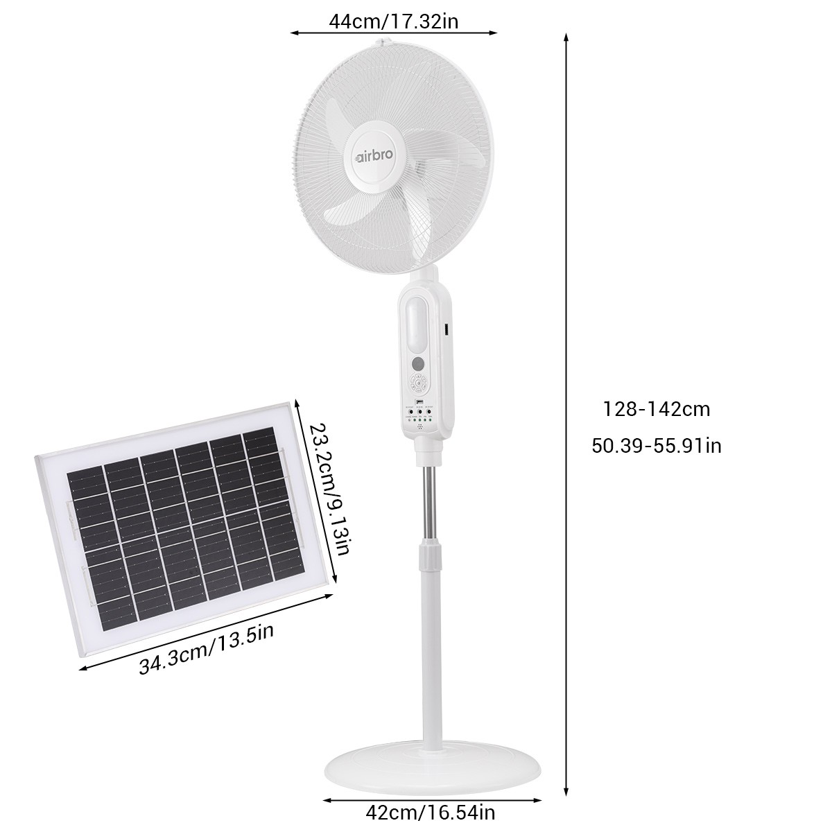 16″ Floor Standing Solar Fan W/ 2 LED Bulbs, Remote Control, AC + Solar Charging